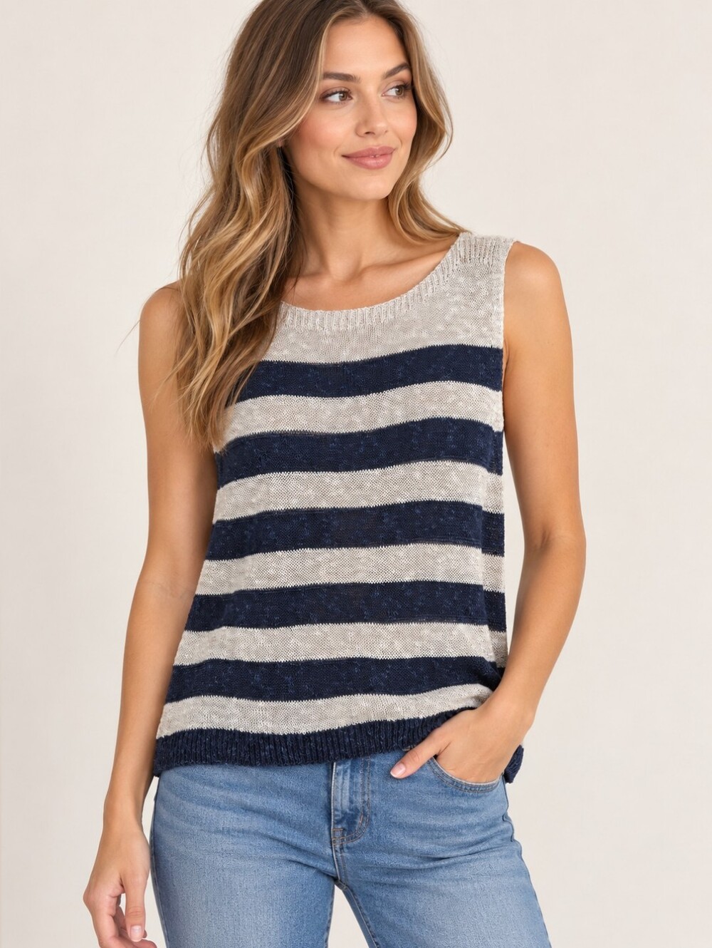 Eileen Fisher Navy and Cream Striped Knit Tank